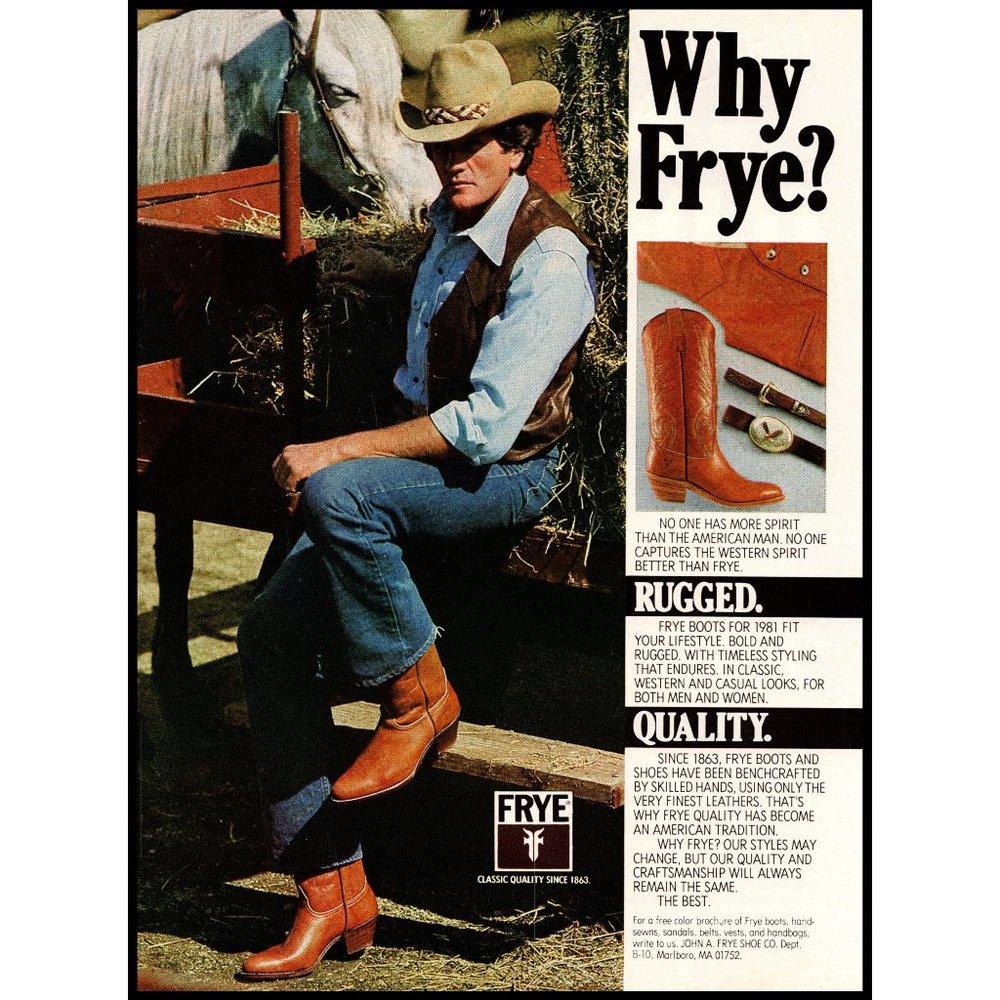 1981 Frye Western Cowboy Boots Vintage Print Ad Hat White Horse Hay Wagon Art